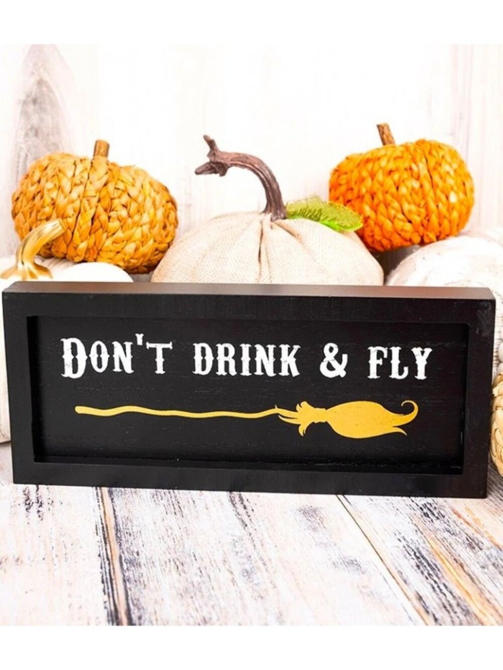Halloween Don’t Drink & Fly Witch Broom Framed Wood Sign Decor